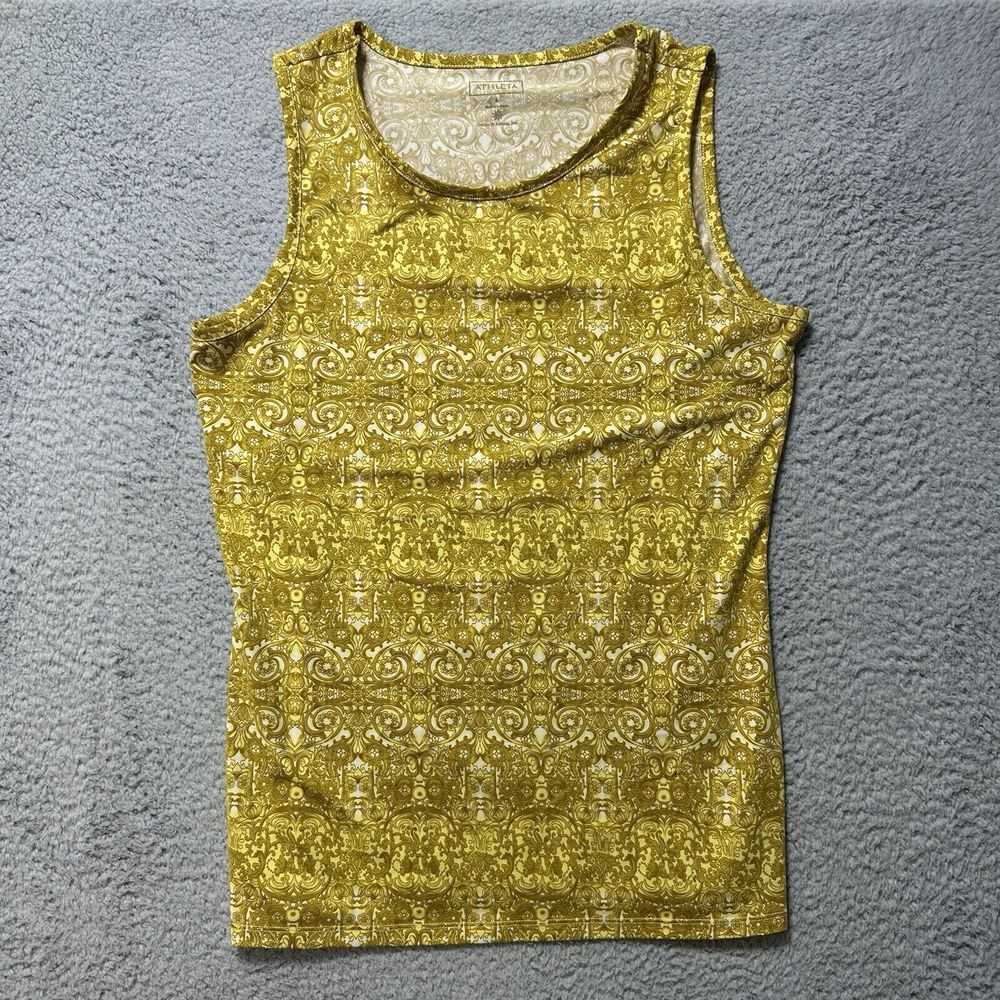 Athleta Womens Athletic Workout Tank Top Gold Yellow Geo Damask Print Sz L